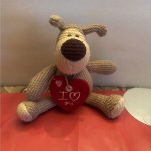 Boggle knitted Pup, stitched I LOVE YOU HEART